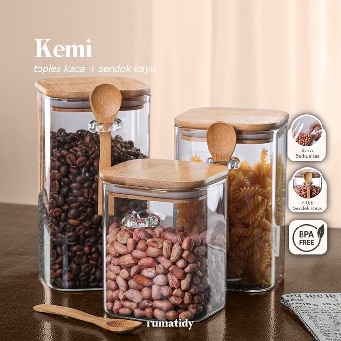 (SATUAN) KEMI Toples Kaca FREE Sendok Kayu dengan Tutup Kayu
