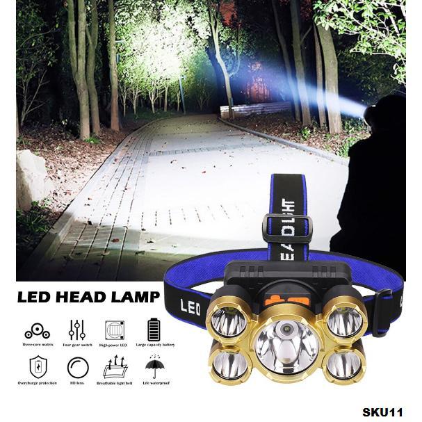 Senter Kepala 5 mata Headlamp High Power 3 XPE 38000W Waterproof khusus berburu malam mounting &