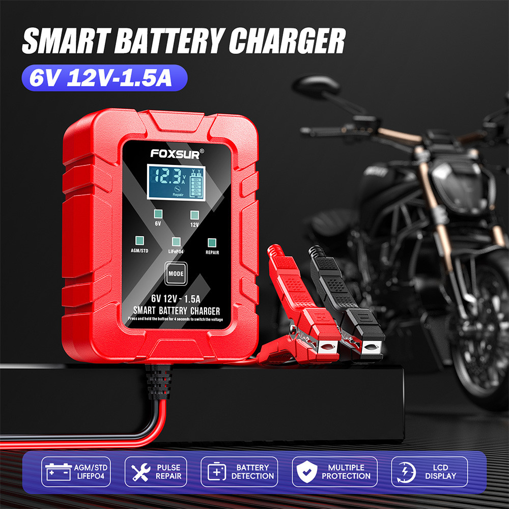 FOXSUR 6V 12V Automatic Smart Trickle Battery Charger Motorcycle Pulse Repair Battery Charger for