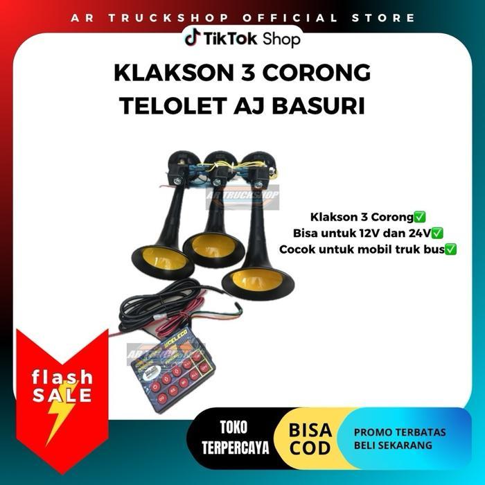 Klakson Angin 3 Corong Telolet Aj Basuri 12V/24V Klakson Mobil Truk Bus
