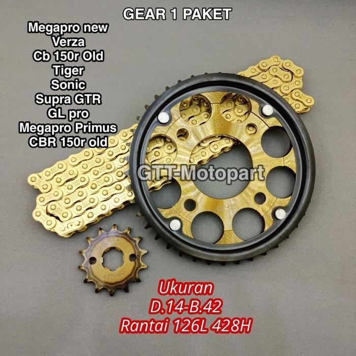 Gear Set Megapro New Verza CB 150R Old Tiger Sonic Supra GTR, Model SSS , Ukuran Depan 14 42 T