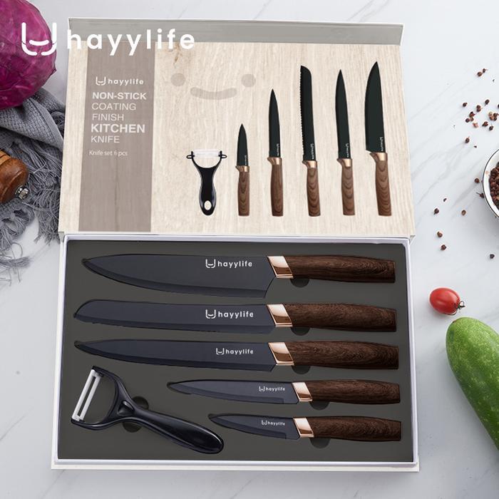 Promo Hayylife Knife Set Dapur Stainless Steel 6 In 1 Gagang Kayu / Set Pisau Dapur Baja Hitam Rumah