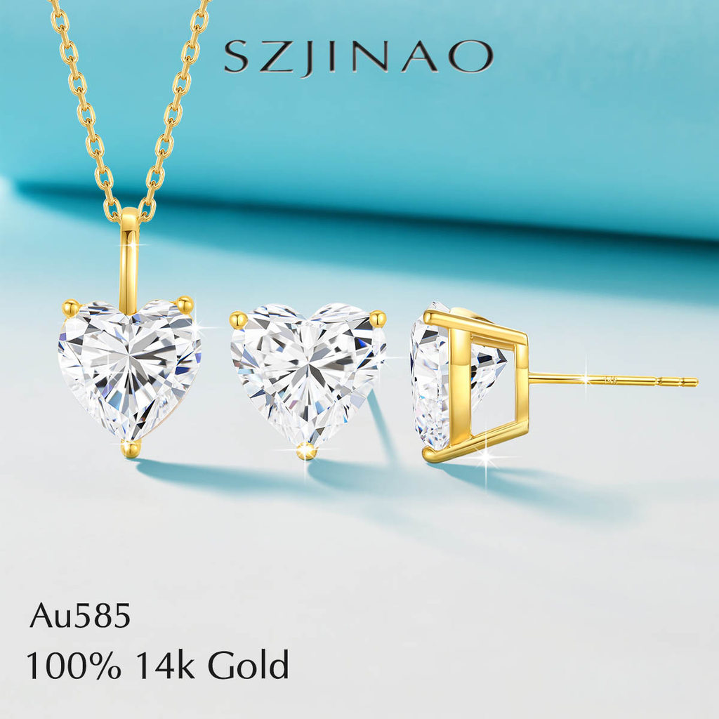 Real 14K Gold Moissanite Stud Earrings Heart Shape Pendant Necklace Au585 Diamond Jewelry Set for