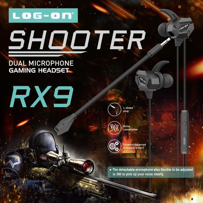 LOG ON HEADSET GAMING DUAL MICROPHONE LO-RX9 SHOOTER Handsfree/Earphone Komputer Earphones Earphone