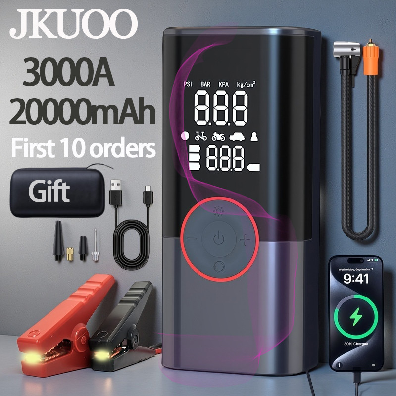 JKUOO 12V car jump starter power bank 3000A instant start battery jump starter with lights baseus