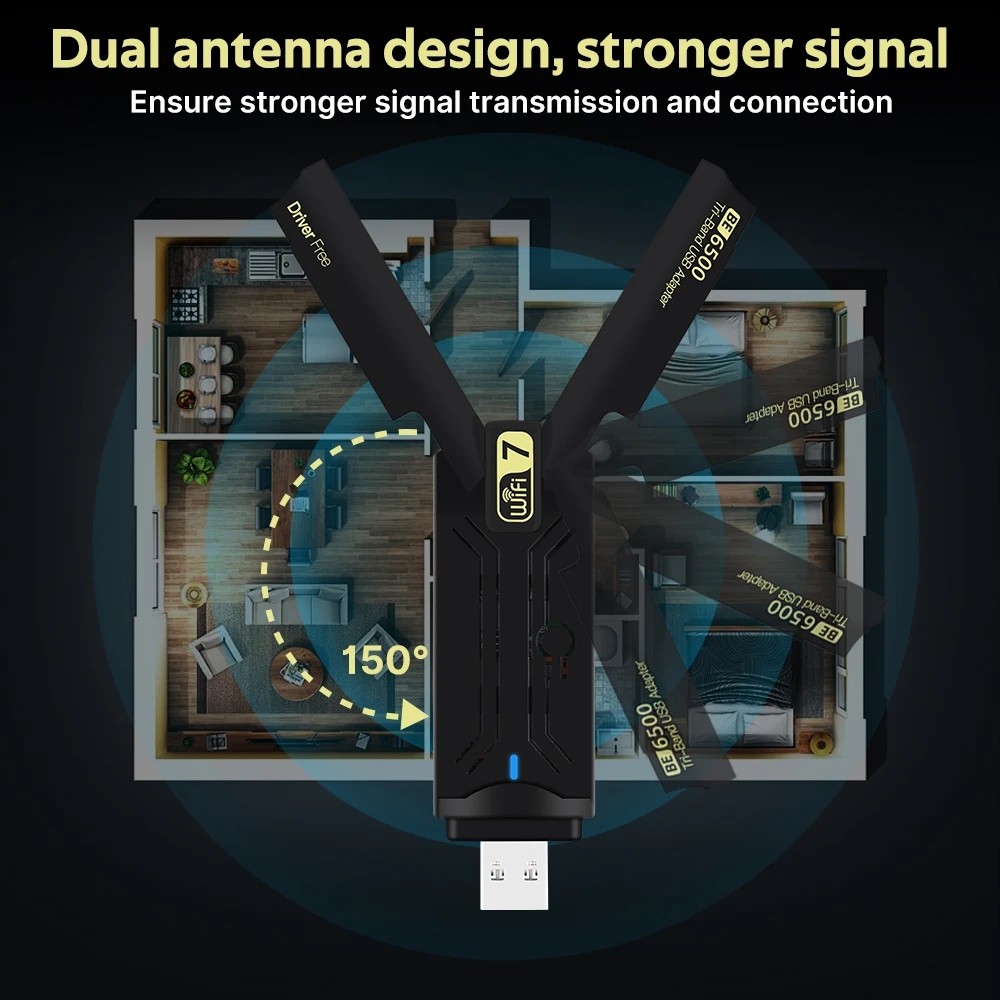 Desktop Laptop USB Wifi BE6500 WiFi 7 Adapter Tri-band Wireless For Windows 10/11