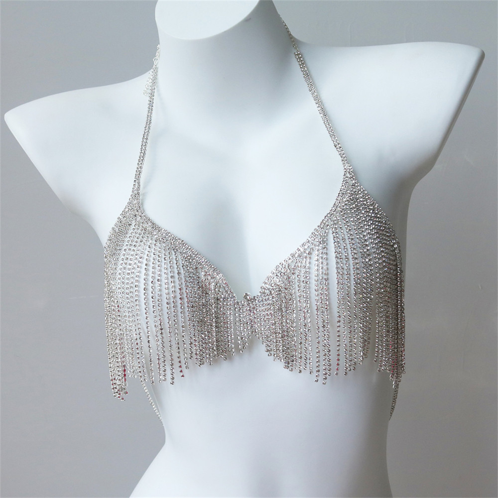 Sexy Shiny Long Tassel Crystal Bra Chain Jewelry Exquisite Luxury Nightclub Party Rhinestone Bra
