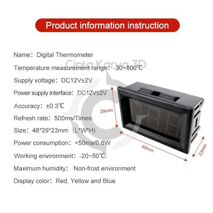 DIGITAL LED DISPLAY 12V THERMOMETER K TYPE M6 THERMOCOUPLE -30~800C RESTOCK