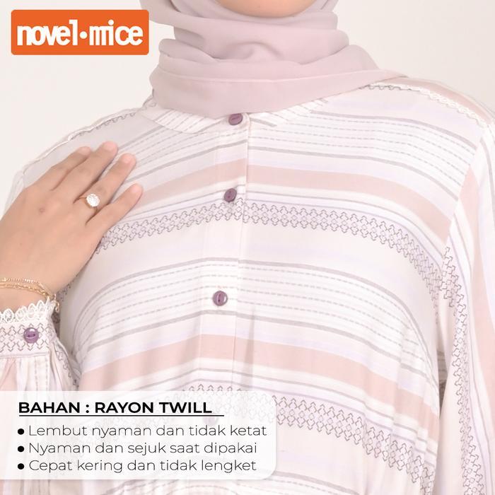 Novel Mice Gamis Wanita Rayon Twill Salur Kanaya Ivory Dress Wanita Lengan Panjang Motif Garis