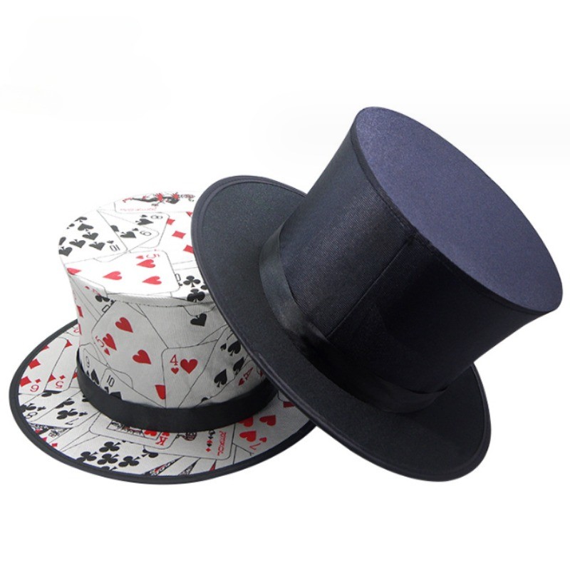 Folding Top Hat Spring Magic Tricks ( Black & Playing Card Pattern )Appearing/Vanishing Objects Hat