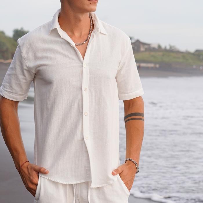 BEACHWELL Kemeja Pria Linen Katun Angel Canggu Series Kemeja Pantai Putih Casual Lengan Pendek Polos