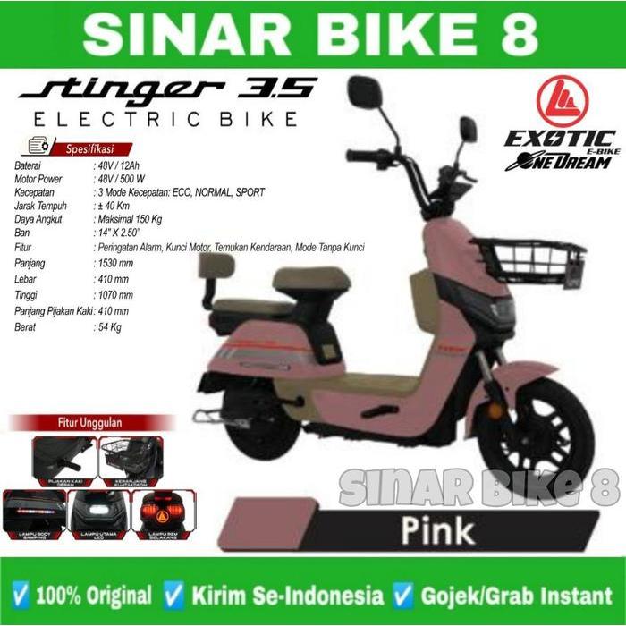 Sepeda Listrik EXOTIC STINGER 3.5 BY PACIFIC 500 Watt Electric Bike Garansi Resmi - Pink