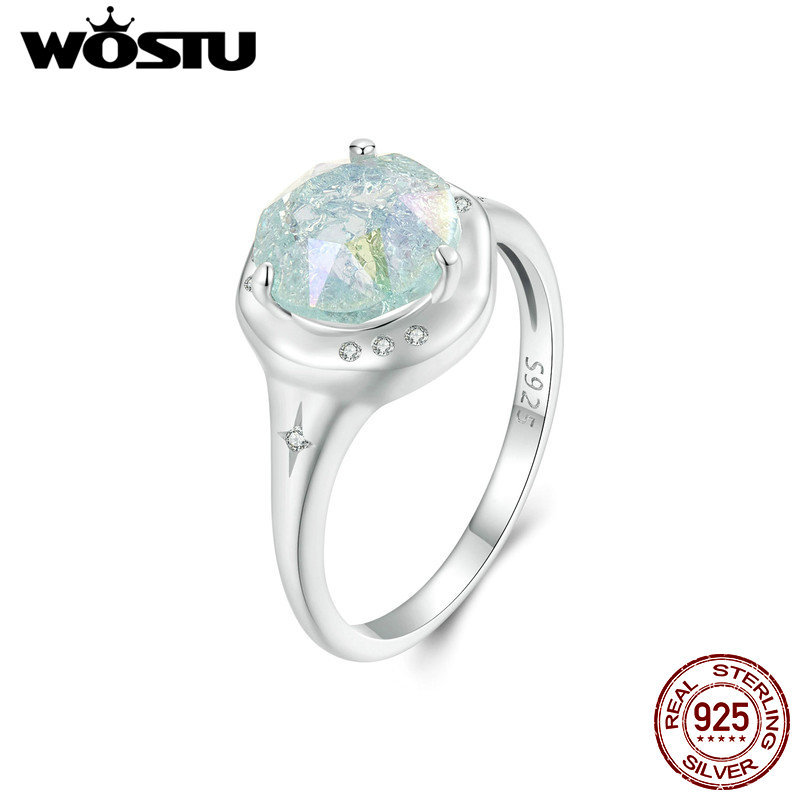 WOSTU 925 Sterling Silver Statement Jewelry Big Round 12MM Rainbow Crystal CZ Ring Women Girl