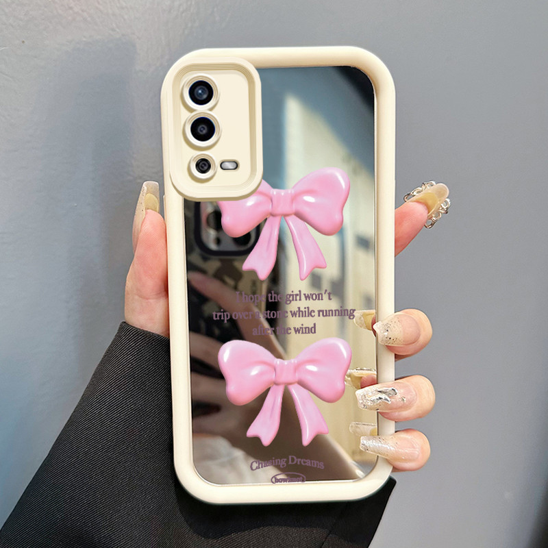 Casing Hp Untuk OPPO A55 Case Pink bow 3D Tiga Dimensi Cesing Mirror Kasing Kemudahan cermin Kesing 