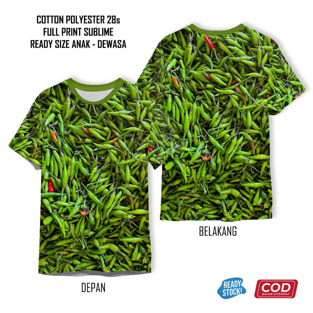 Kaos Cabe Merah Rawit Hijau Keriting Gendot Besar Pedas Full Printing Keren | Baju Bahan Makanan Kar