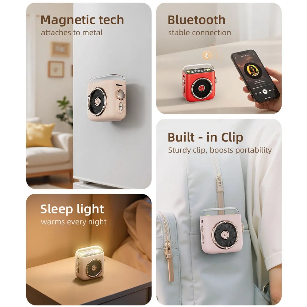 1Pc Wireless Mini Magnetic Backclip Time Display Radio Speakers Bluetooth Portable Small Speakers