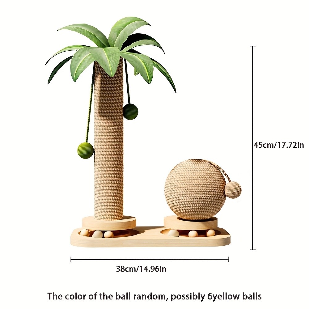Coconut Tree Cat Scratching Post & Play Tower, 2-in-1 Sisal & Solid Wood Cat Activity Tree with