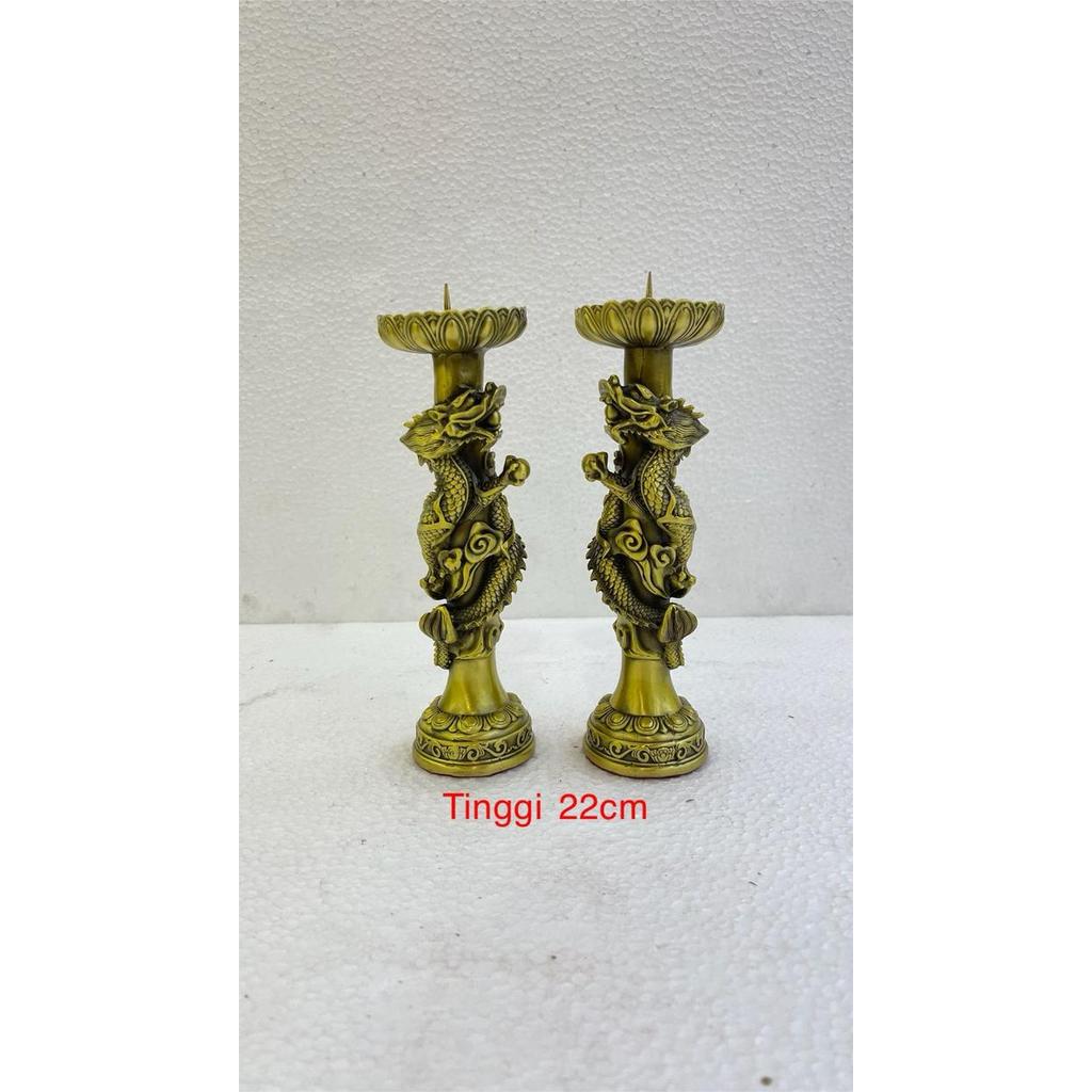 tatakan lilin - tempat lilin motif lingkar naga tinggi 22cm bahan kuningan