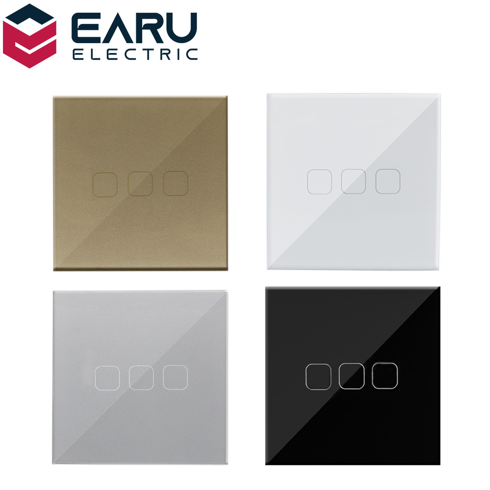 EU Standard 3 Gang 1 Way AC100-240V 10A Crystal Glass Panel Screen Wall LED Power Light Touch Switch