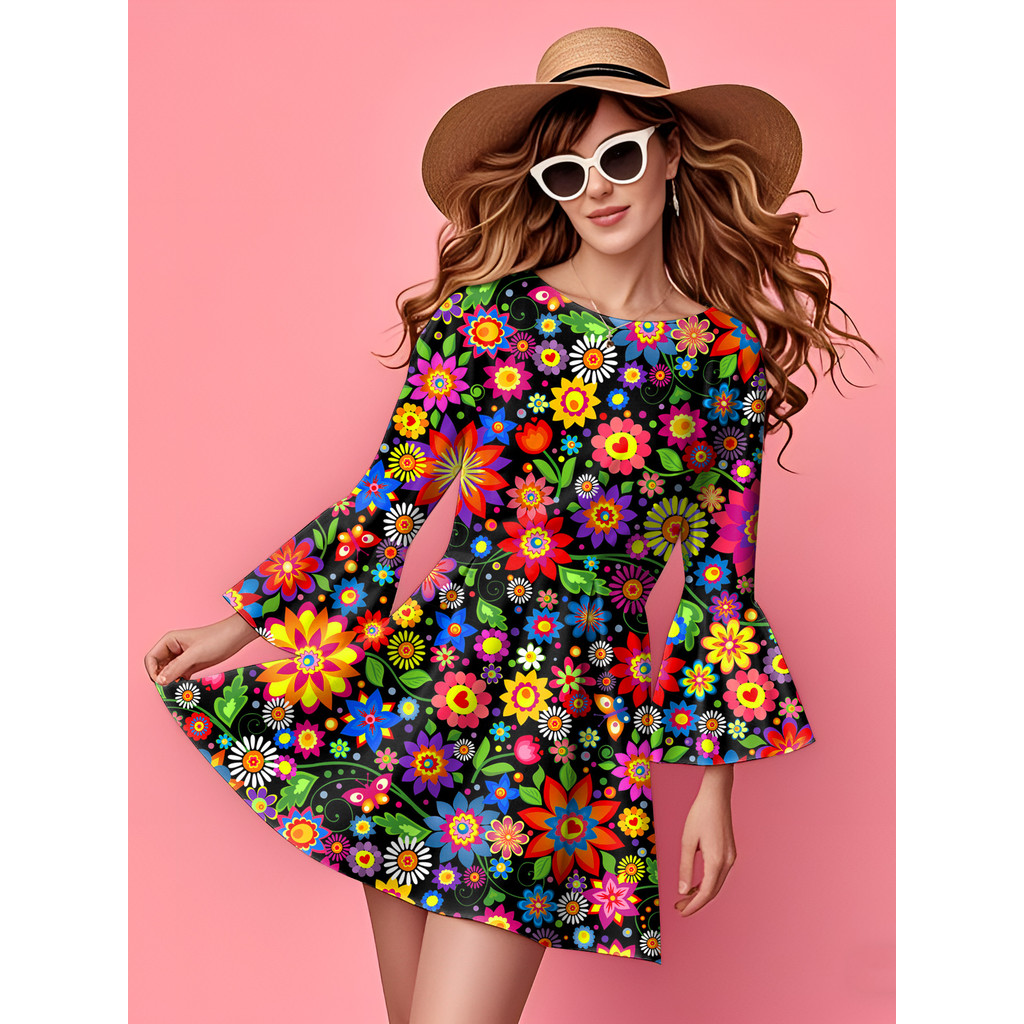 New Women's Hippie Casual Fashion Sexy Trendy Elegant Retro Print Dress Bohemian Style Sexy Mini
