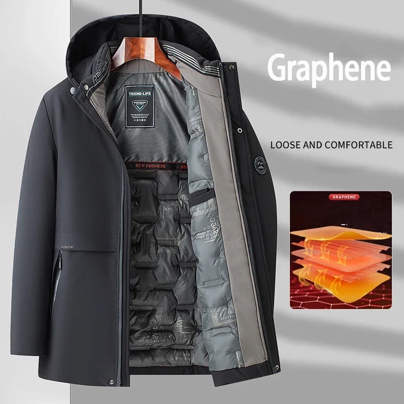 Graphene FabricMens White Jacket Warm Hooded Thick Slim Fit Puffer Jacket Coat Male Casual High