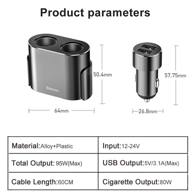 Baseus Car Splitter Cigarette Lighter 12V-24V Dual USB Car Charger Socket 100W Car Auto Splitter