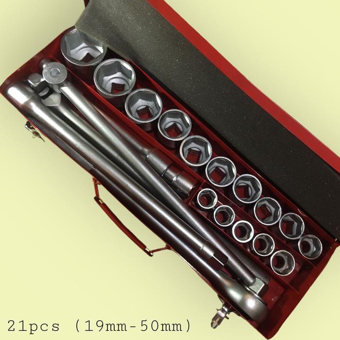 Melzer Kunci Sok Set 21 Pc 19-50 Mm DR 3/4 Inchi Germany 6 Points dengan Handle Ratchet dan Sliding