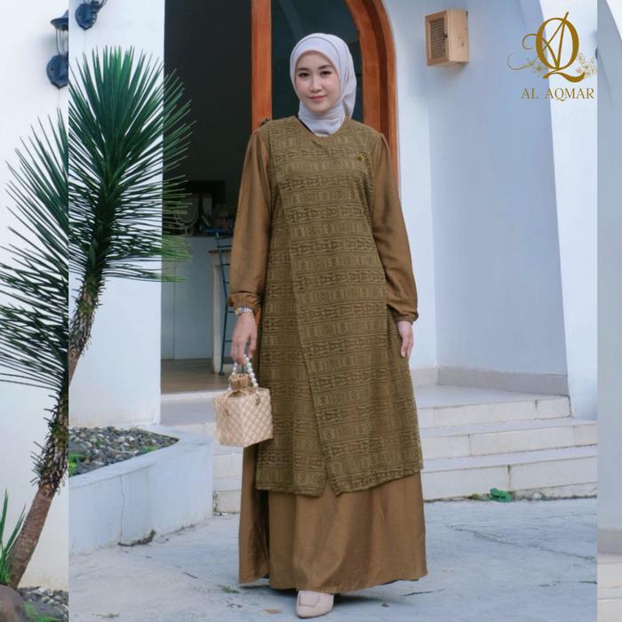 Terlaris Dress Mix Brukat Tali Pinggang Busui Saku Kanan Kain Polo Linen Gamis Muslim Kombinasi