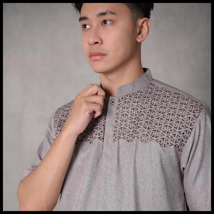Terlaris Baju Koko Kemko Pria Muslim Lengan Pendek Warna Hitam Krem Coklat Abu Biru Motif Bordir