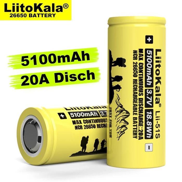 [] Liitokala Lii-51s Original 26650 baterai 3.7V 5100mAh 20A 26650 Baterai Isi Ulang Li-ion (Flat