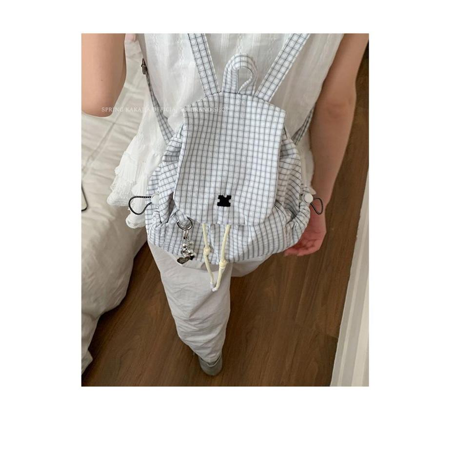 Top Tas Ransel Wanita Kotak-Kotak Kanvas Backpack Japanese Harajuku Style Tas Sekolah