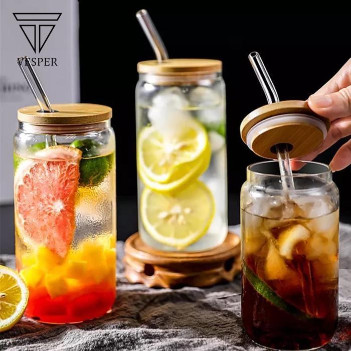 gelas kaca model kaleng cola tutup bambu / glass cup bamboo lid 500ml