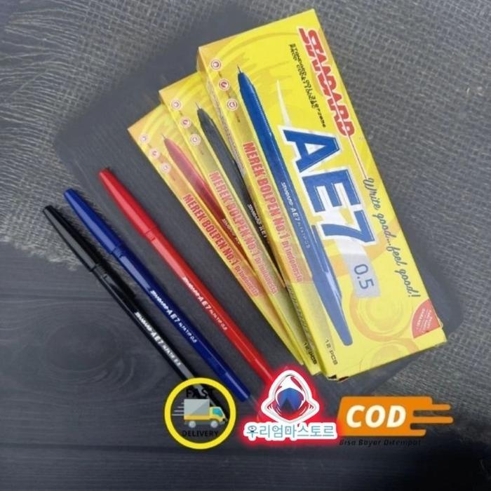 (12 pcs) Pulpen Standar AE 7 Tinta Hitam Merah Biru/Pena 0.5 mm/Ballpen/Bolpoin/Ae 7 Biru Merah