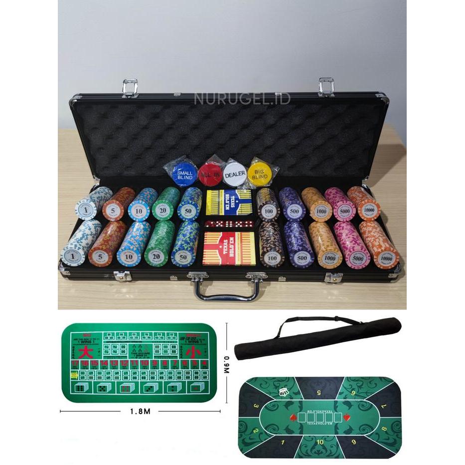 Poker Chip Set 500 pcs Premium Clay Coin + Suitcase + Premium Rubber Playmat 180cm x 90cm