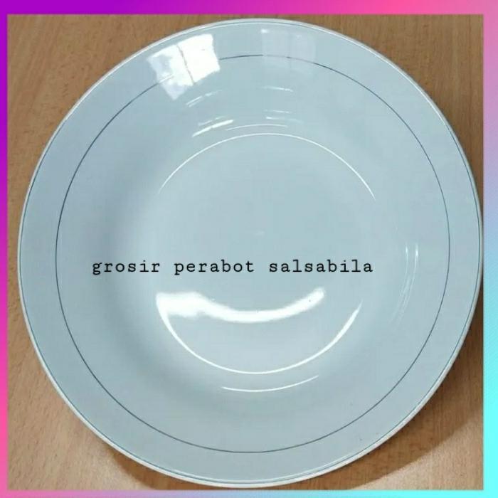 Piring makan kaca keramik beling putih lis emas ukuran 9 inch