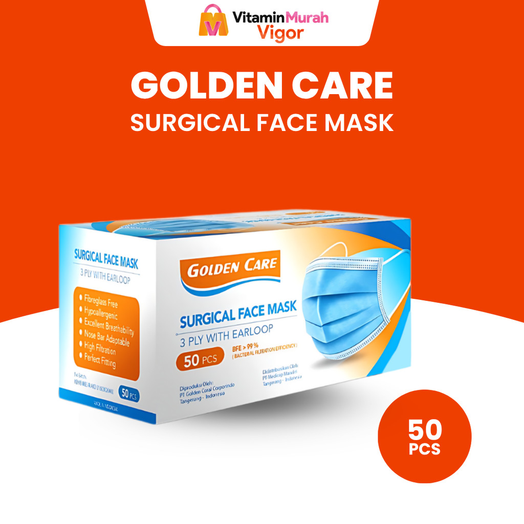 MASKER GOLDEN CARE 3 PLY WITH EARLOOP BFE 99 % 1 BOX ISI 50 PCS