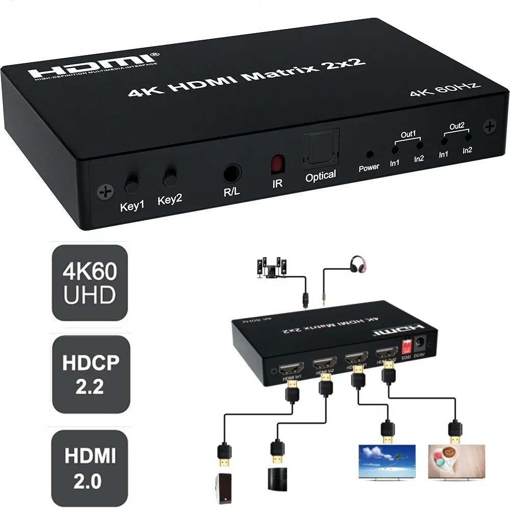 Terbaru 4K 60Hz 2x2 HDMI Matrix Switcher 2 In 2 Out HDMI Switch Splitter Audio Extractor Video Conve