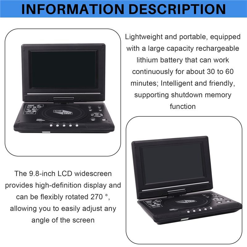 A12E-9.8 Inch Portable Home Car DVD Player VCD CD Game TV Player USB Radio Adapter Support FM Radio