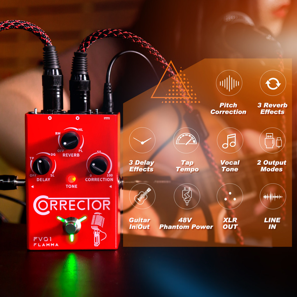 FLAMMA FV01 Vocal Effects Processor Pitch Correction with Delay Reverb Effects for Microphone