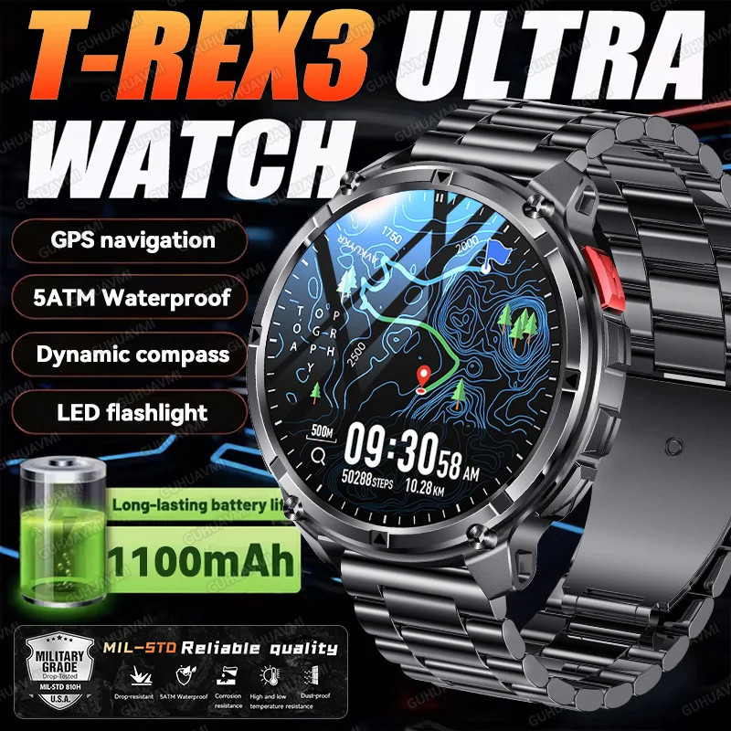 2026 T-Rex3 Ultra Military GPS Smart Watch 1.7"AMOLED 1100mAh GPS Path 5ATM Waterproof Compass