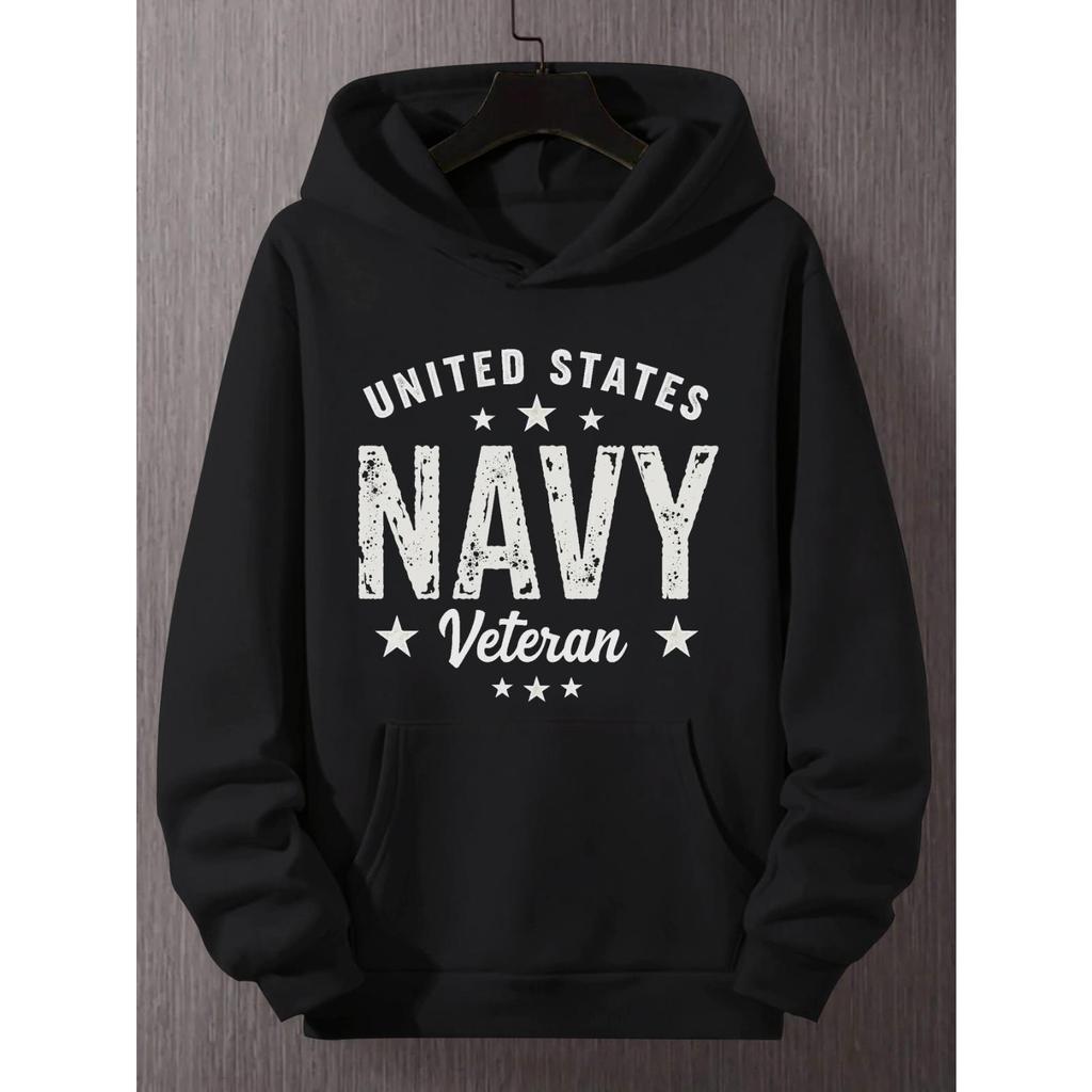 UNITED STATES NAVY Veteran Men's  Hoodie - Black Distressed Graphic Print with Stars, Relaxed Fit Ca