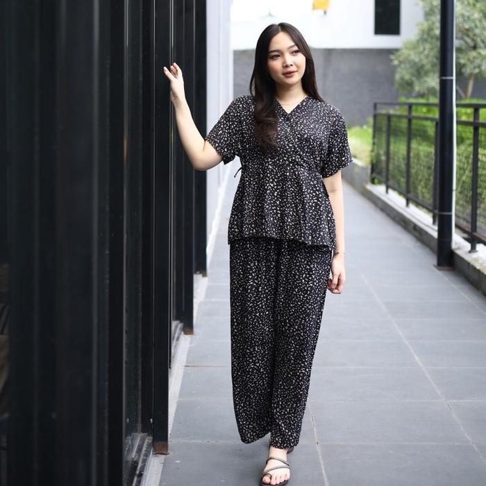 [DasterHitsMalang] Setelan Wanita Kimono Celana Kulot Rayon Baju Kancing Katun Panjang Busui Motif