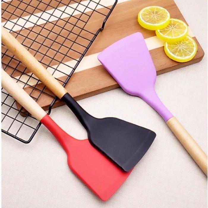 Sutil Silikon Masak Penggorengan Teflon Anti Gores MPASI Bayi Spatula Slotted Turner Gagang Kayu