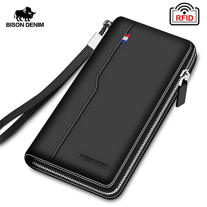 BISON DENIM Genuine Leather Men's Wallet RFID Blocking Long Purse Coin Case Passport Cover For Mens