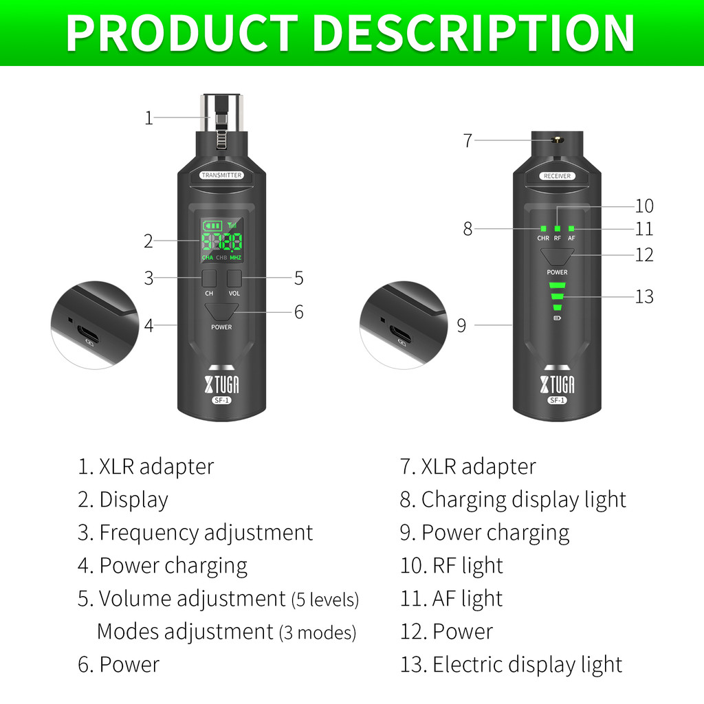 XTUGA UHF Professional Microphone Wireless Converter XLR Rechargeable Transmitter Receiver For