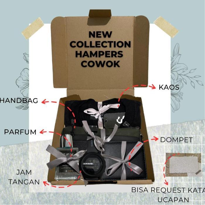 ORIGINAL Hampers Cowok Surise untuk Pria - Kaos Polos Hitam, Dompet, Parfum, Tas, Jam Tangan, Kartu
