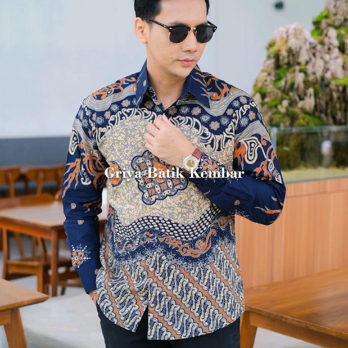 LENGAN PANJANG Baju Batik Pria Slimfit Motif Parang Biru Full Furing Kain Katun Printing Lembut