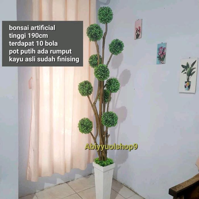 ABIYYUFLOWER9 Bonsai Artificial Jumbo Gressball Tinggi 190cm dengan Pot Kayu Putih & Rumput Plastik