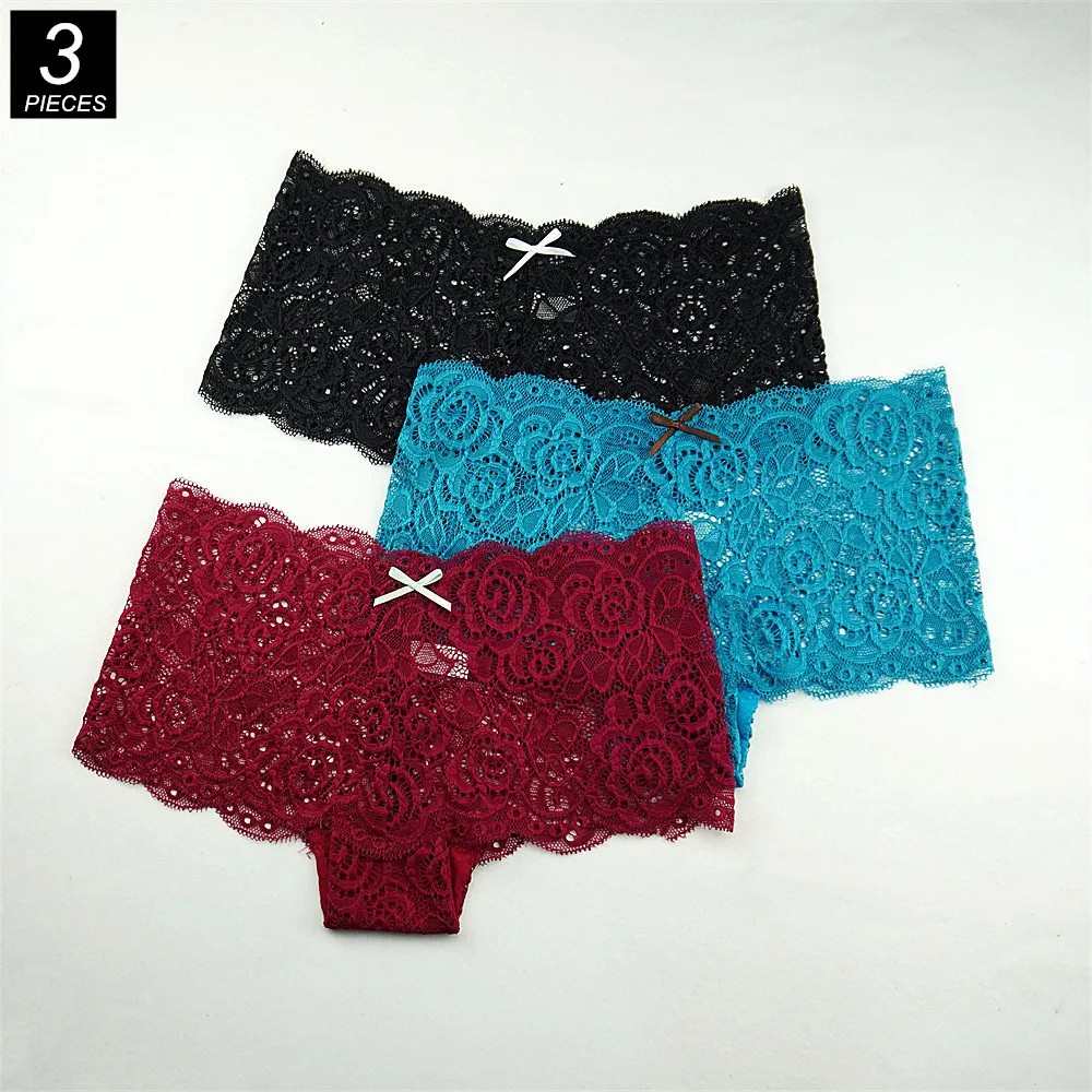 3PCS Transparent Boyshorts Women Underwear Lace Boxers Ladies Plus Size M-XXL Hollow Out Floral