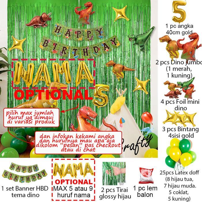 [PAKET] BIRTHDAY set BANNER DINO GREEN CURTAIN Dekorasi Pesta Backrop Ulang Tahun Anak